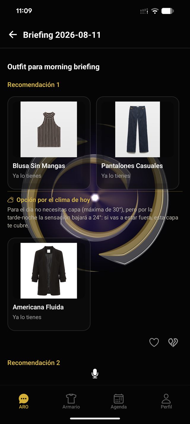 ARO screen showing saved outfits in an editorial grid.