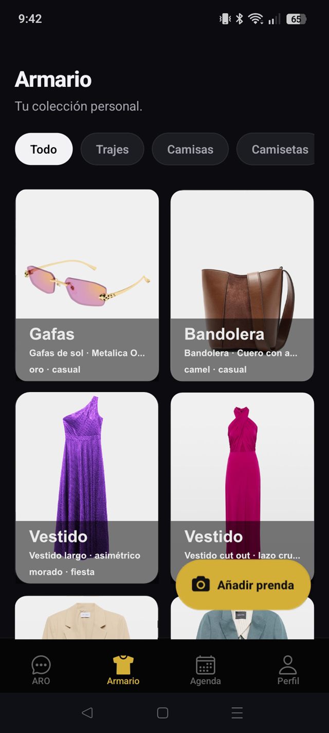 ARO screen showing the wardrobe organised by items and combinations.